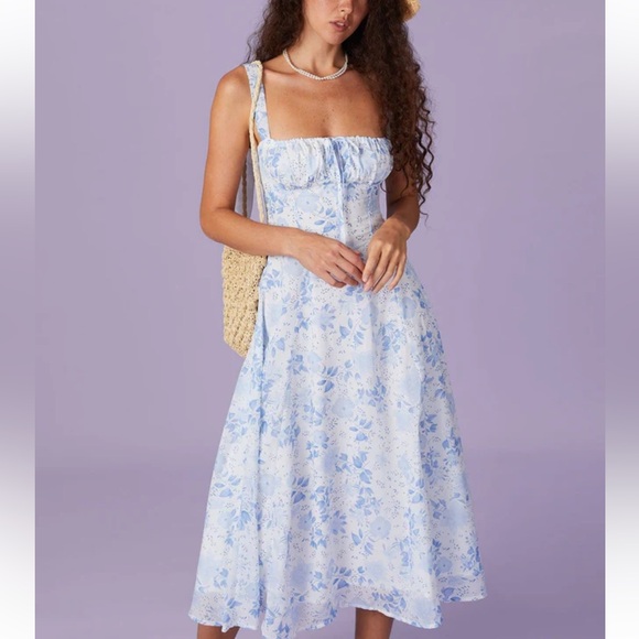 Rihoas Blue Square Neck Floral Ruched Midi Dress - Picture 2 of 11